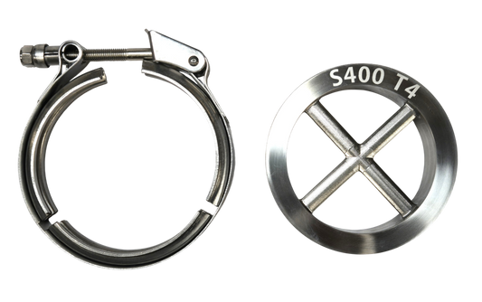 4.0in S400 *T4 Foot* Downpipe Turbo Guard Cross Bolts Flange & Clamp